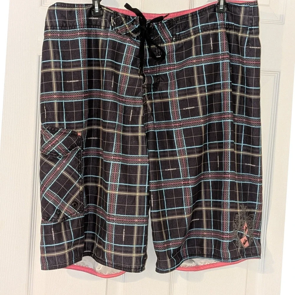 Quiksilver Mens Plaid Board Shorts Black Blue Pink Cargo Pocket Size 36